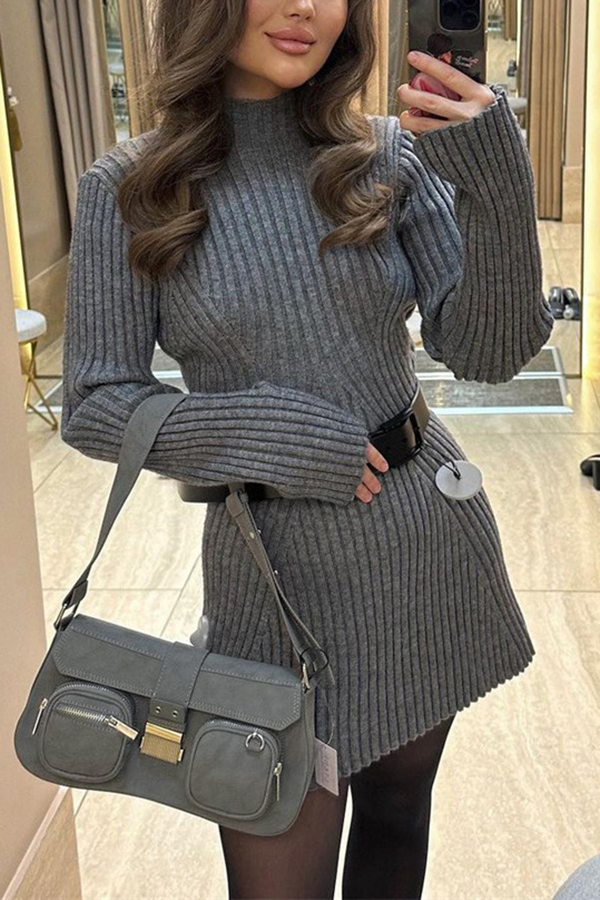 Beautiful Basic Ribbed Knit Long Slit Sleeve Flare Stretch Dress-consonak