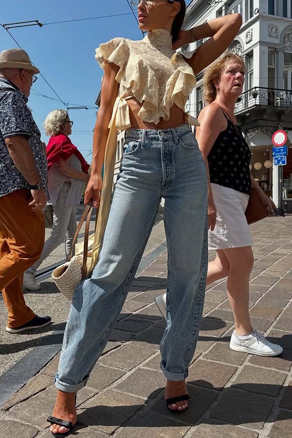 Salenia Lace Appliqué High Neck Side Tie-up Ruffle Cropped Top-consonak