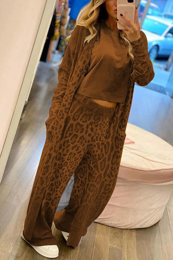 Comfort first Leopard Print Pocket Long Sleeve Cardigan Elastic Waist Pants Set-consonak