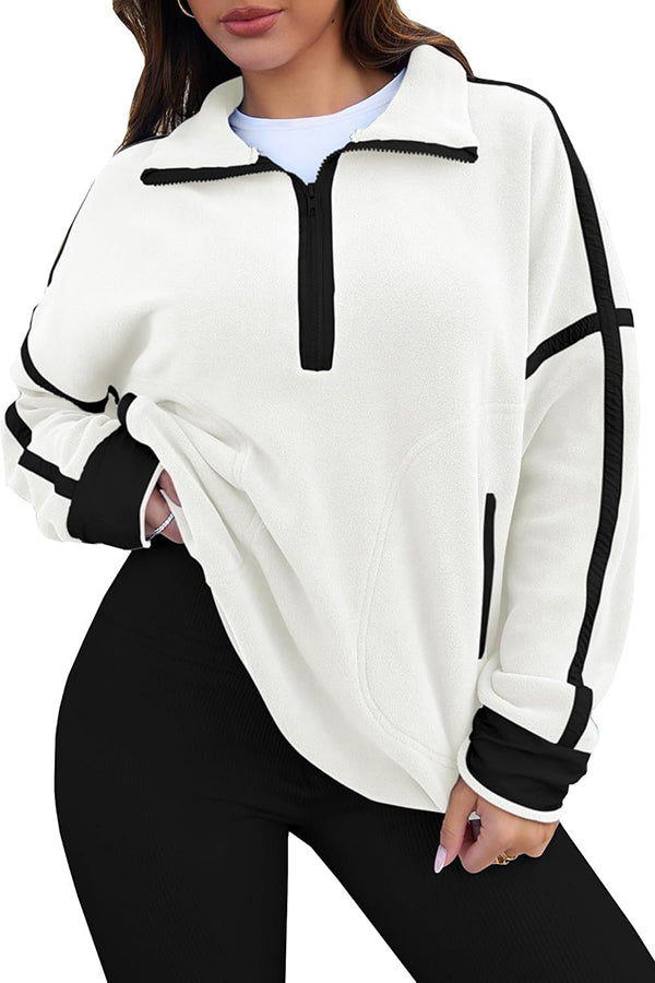 Stylish Color-blocked Trim Loose Casual Pocket Sweatshirt-consonak