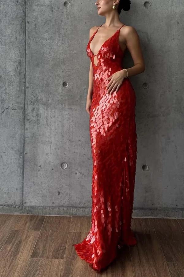 Reshape Beauty Fish Scale Sequin Cutout U-neck Slip Maxi Dress