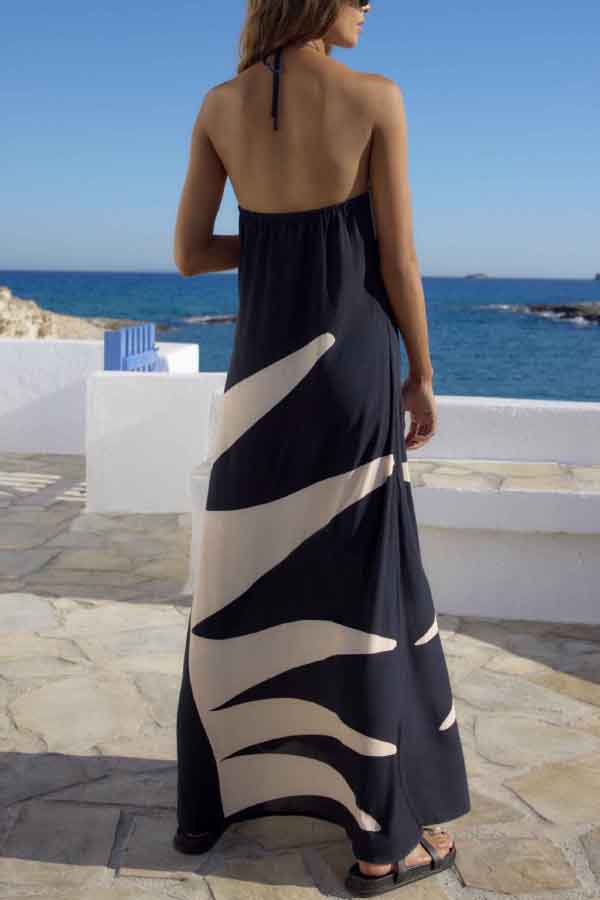 Stylish Color-blocked Print Halter Neck Backless Casual Vacation Maxi Dress | Consonak