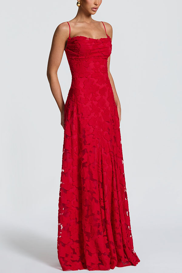 Francis Custom Floral Burnout Fabric Cowl Neck Back Lace-up Maxi Dress | Consonak