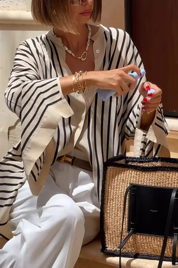 Comfortable and Effortless Striped Long Slit Sleeve Button Relaxed Loose Blouse-consonak