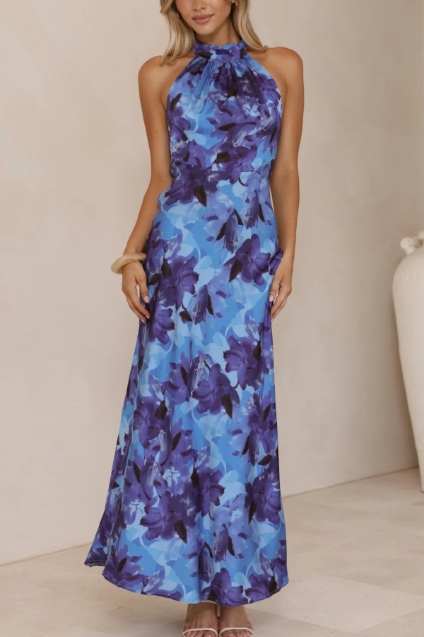 Floral Print Sleeveless Halter Neck Tie Holiday Maxi Dress-consonak