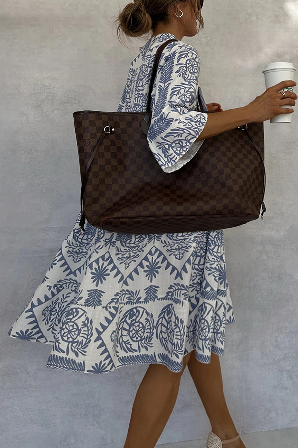 Unique Printed V-neck Bell Sleeve Mini Dress-consonak