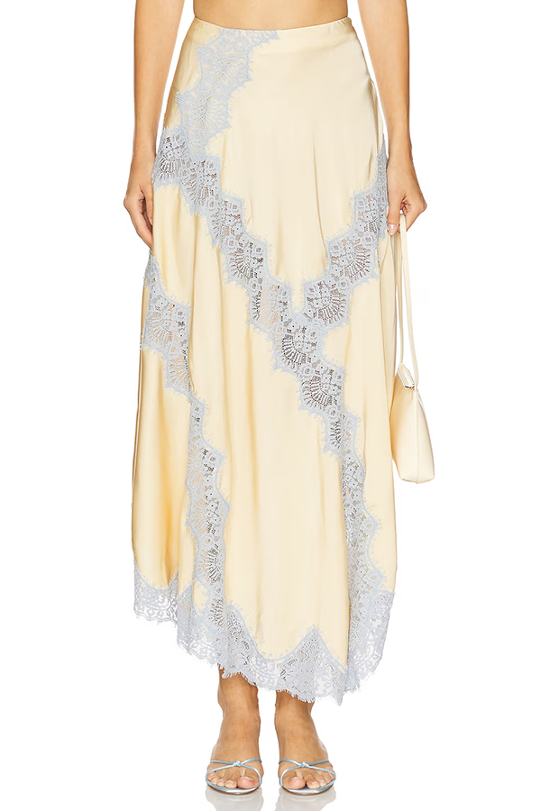 Wine Tasting Contrast Color Satin Lace Trim Irregular Hem Drape Midi Skirt | Consonak