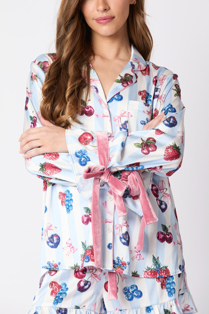 Unique Printed Loose Pocket Bow Tie Top and Elastic Waist Ruffled Shorts Set-consonak