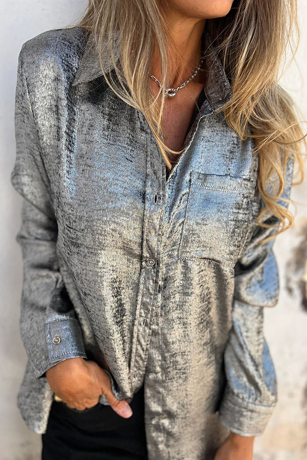 First and Fabulous Metallic Fabric Button Up Long Sleeve Loose Blouse | Consonak