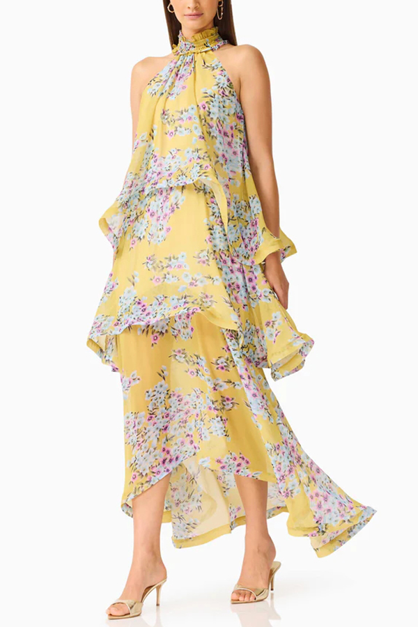 Briony Georgette Fabric Floral Print Pleated High Neck Tiered A-line Maxi Dress