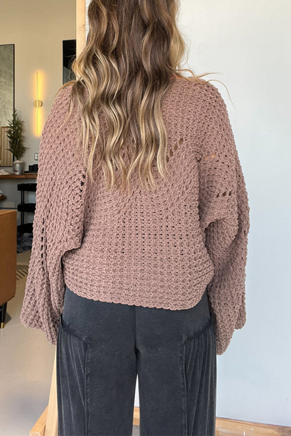Solid Color Hollow Loose Round Neck Bat Sleeve Knitted Sweater-consonak