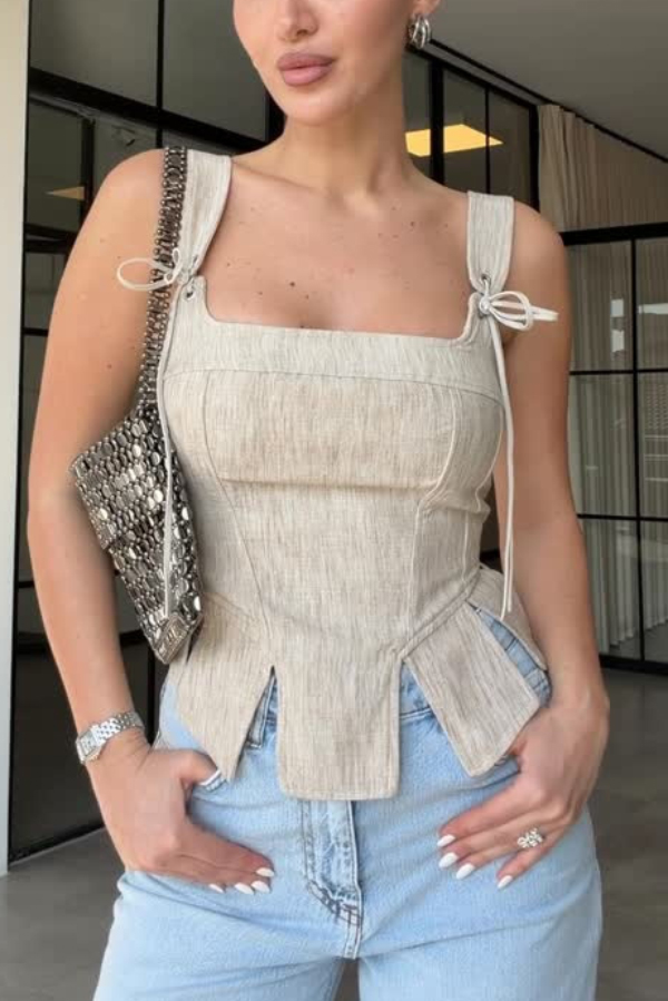 lily Linen Blend square neck Tie Shoulder Straps slit hem tank