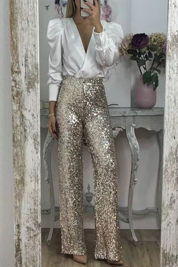 Glitzy Glamour Sequin High Rise Elastic Waist Wide Leg Pants | Consonak