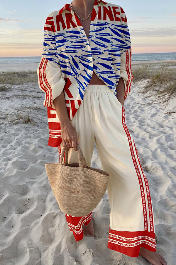 Unique Ocean Print Oversized Shirt and Elastic Waist Pocket Pants Set | Consonak
