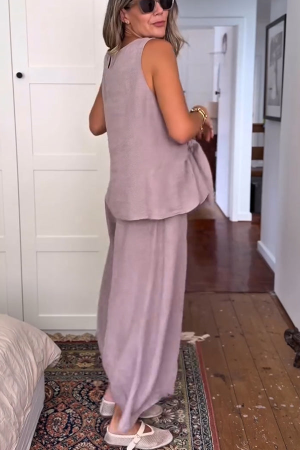 So Comfortable Linen Blend Knotted Top and Elastic Waist Pocket Wide Leg Pants Set-consonak