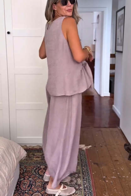 So Comfortable Linen Blend Knotted Top and Elastic Waist Pocket Wide Leg Pants Set