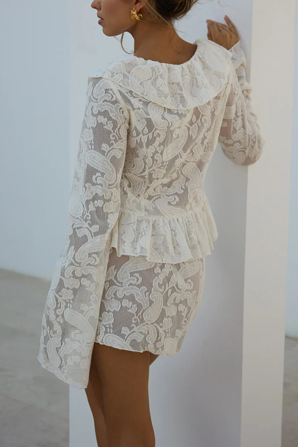 Feel Fabulous Ruffle Lace Long Sleeve Blouse and Mid Rise Elastic Waist Mini Skirt Set-consonak