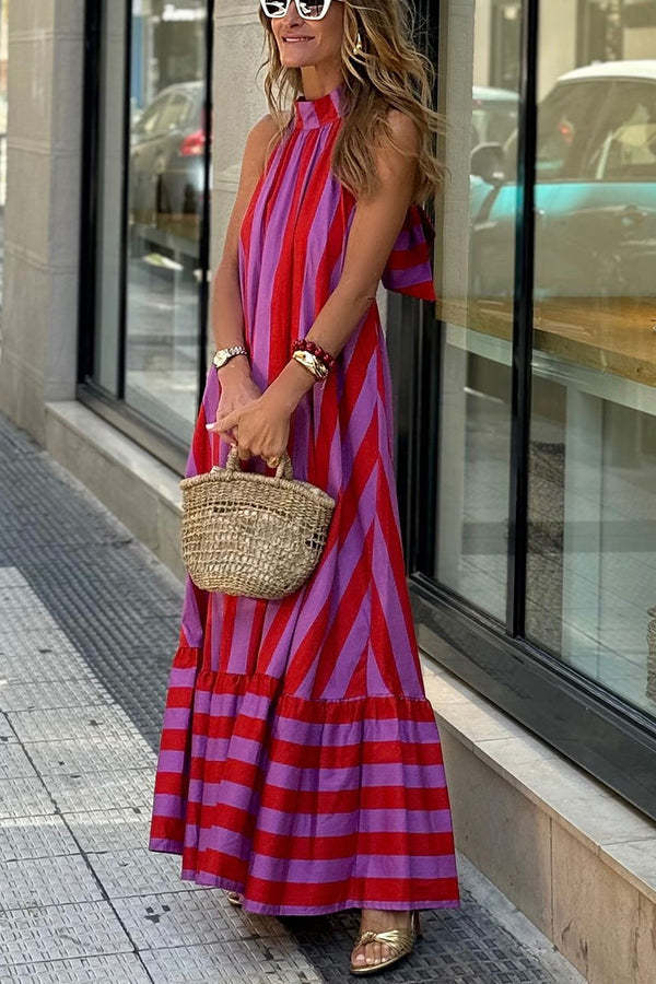Roxane Linen Blend Striped Halter Neck A-line Maxi Dress-consonak