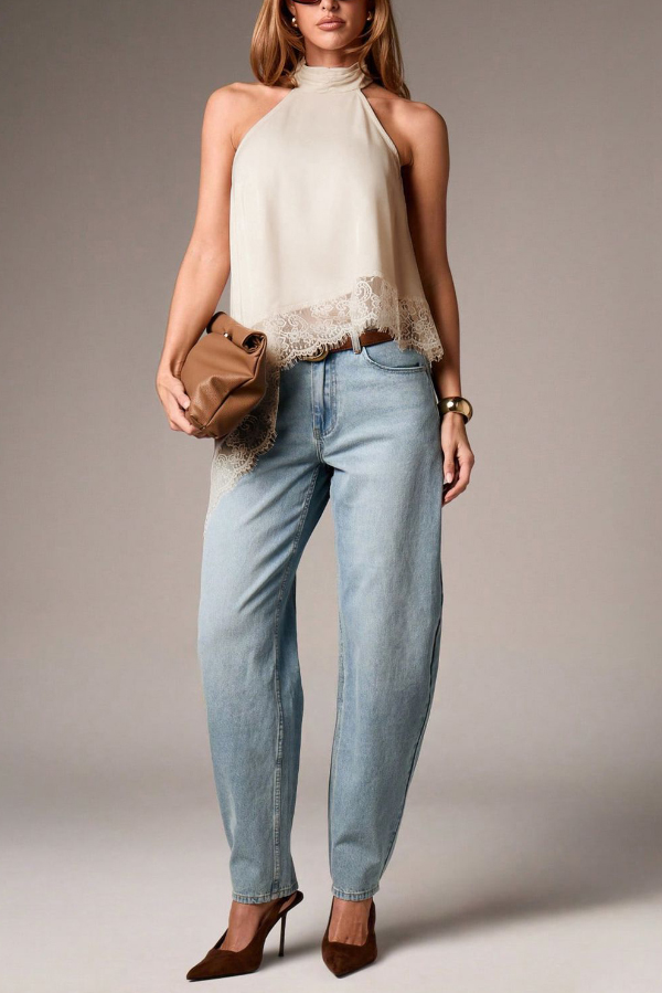 Solid Color Satin Sleeveless Lace Hem Loose Top