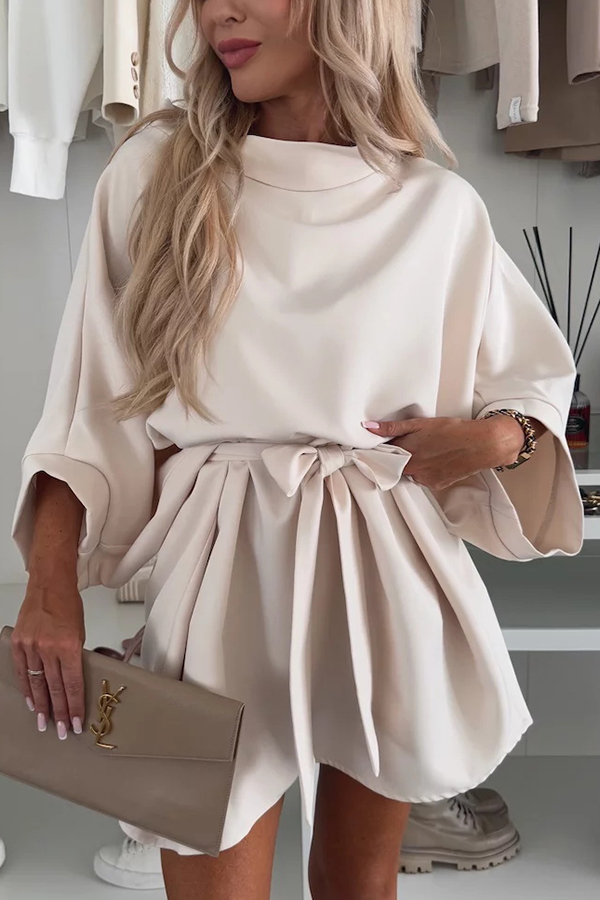 Solid Color Loose Round Neck Belted Mini Dress | Consonak