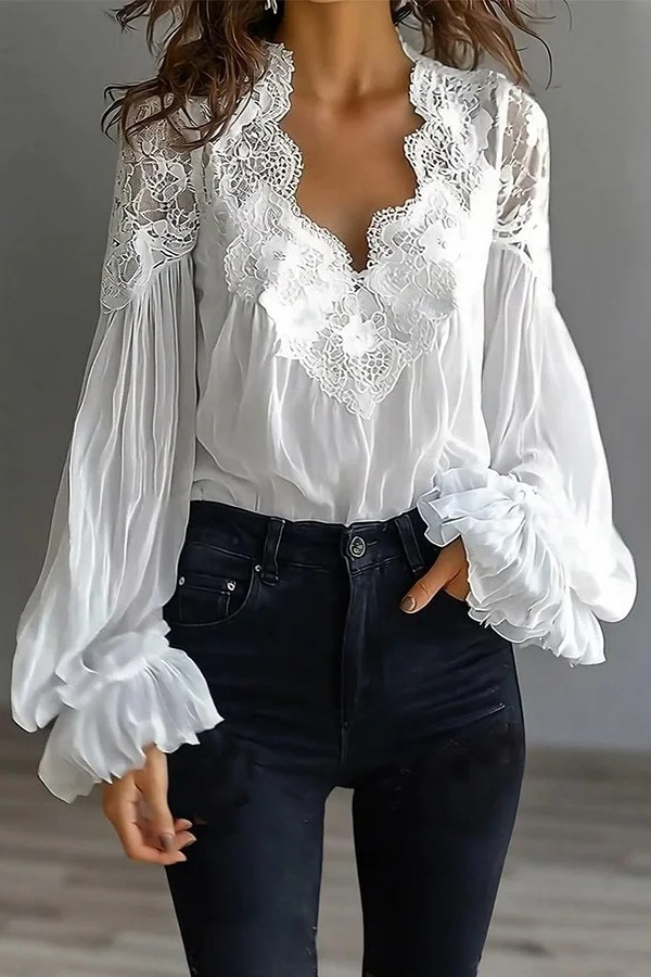 Fashionable Patchwork Lace V-neck Puff Sleeve Loose Shirt-consonak