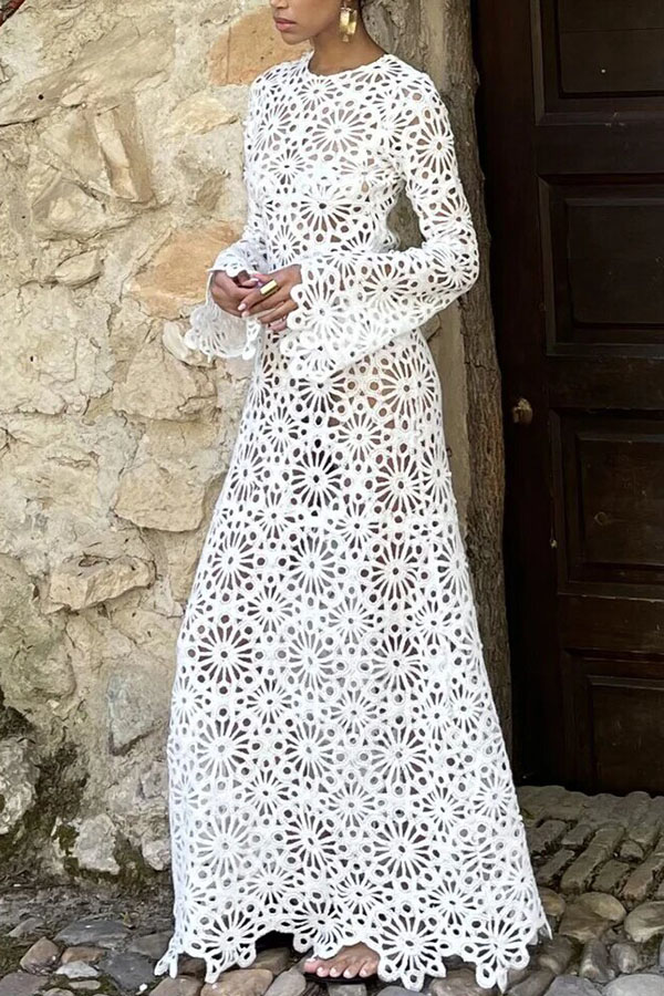 Easy Resort Knit Crochet Cutout Long Sleeve Reversible Vacation Maxi Dress