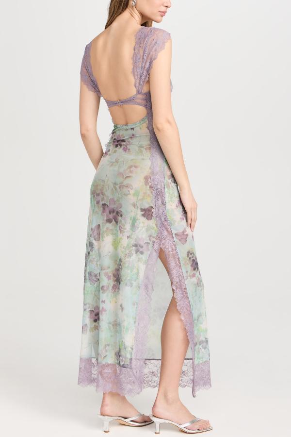 Floral Print Lace Patchwork Hollow-out Slim-fit Midi Dress-consonak