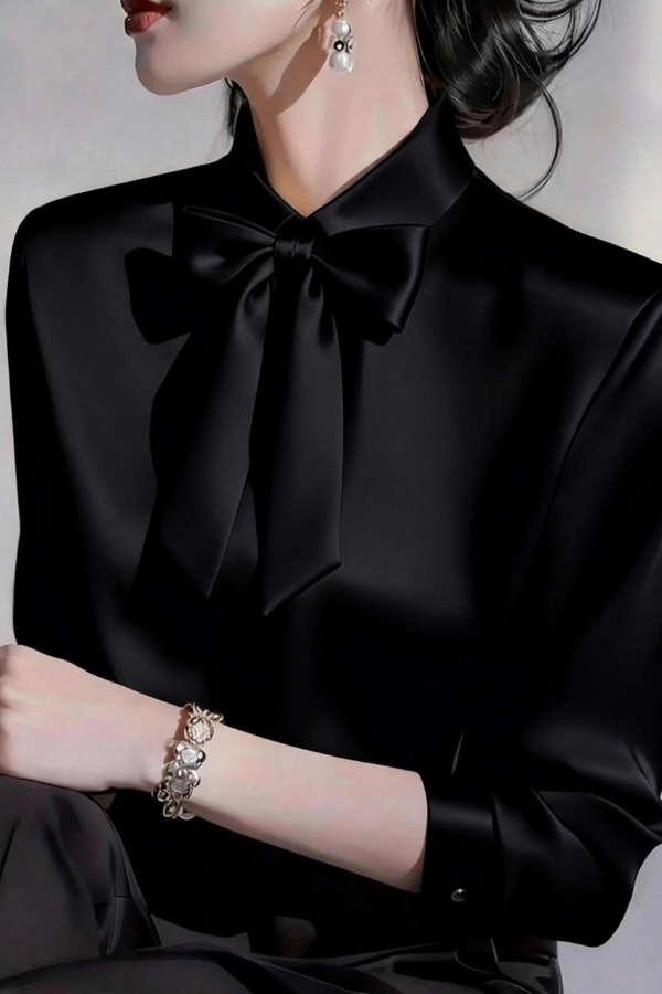 Solid Color Lapel Bow Tie Long-sleeved Casual Shirt-consonak