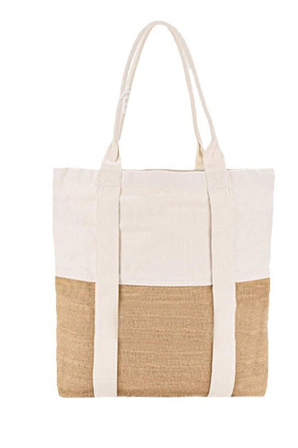 Linen Blend Contrast Patchwork Beach Bag-consonak