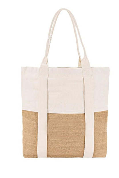 Linen Blend Contrast Patchwork Beach Bag-consonak