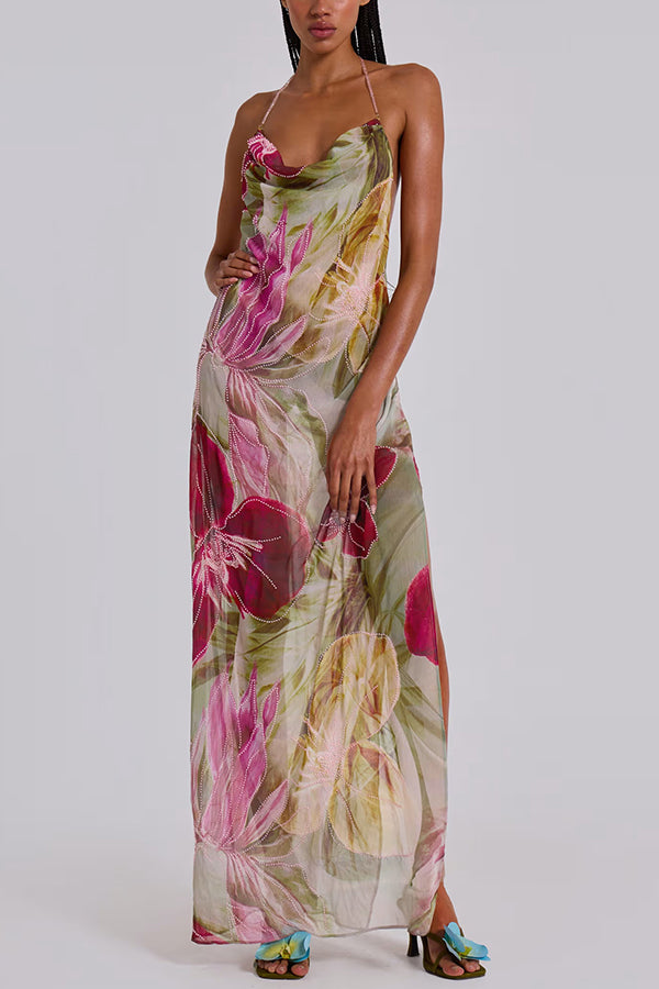 Floral Print Sexy Backless Slit See-Through Holiday Maxi Dress-consonak
