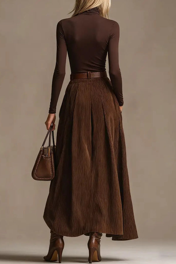 Stylish High-neck Long-sleeved Fitted Top and Casual Elastic Waist Pocket Maxi Skirt Set-consonak