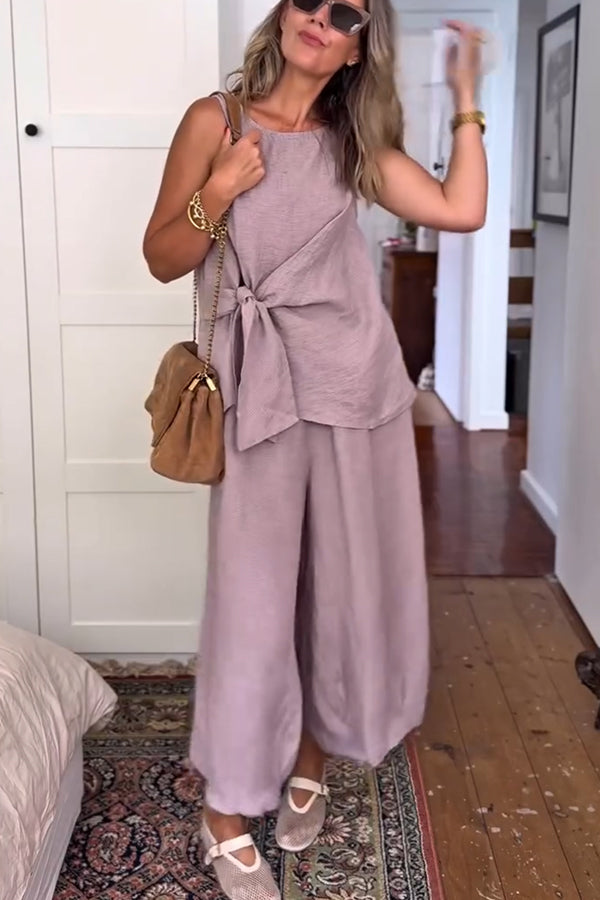 So Comfortable Linen Blend Knotted Top and Elastic Waist Pocket Wide Leg Pants Set
