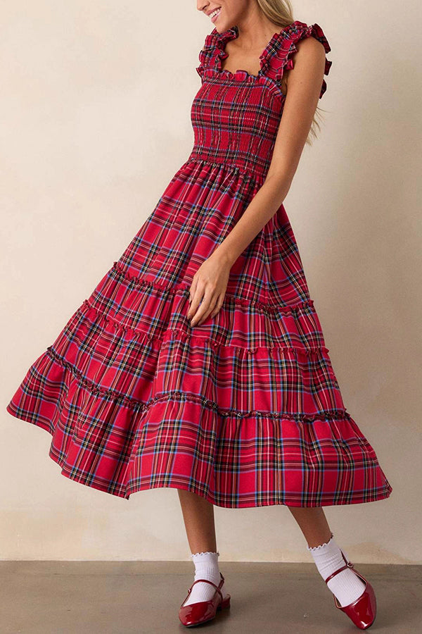 Plaid Print Ruffled Halter Pleated Sleeveless Casual Midi Dress-consonak