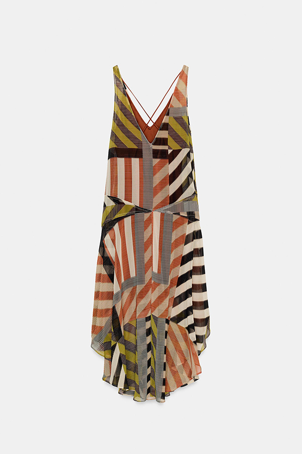Khloe Patchwork Striped Color Block Print Wide Straps Asymmetric Hem Drape Midi Dress-consonak
