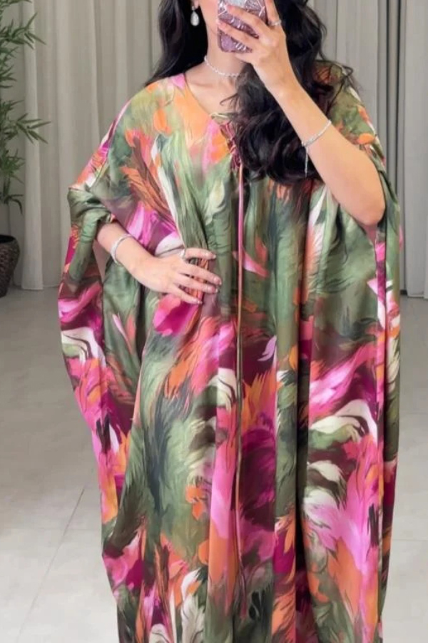 Unique Printed Loose V-Neck Kaftan Robe Maxi Dress-consonak