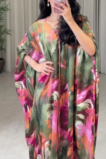 Unique Printed Loose V-Neck Kaftan Robe Maxi Dress-consonak