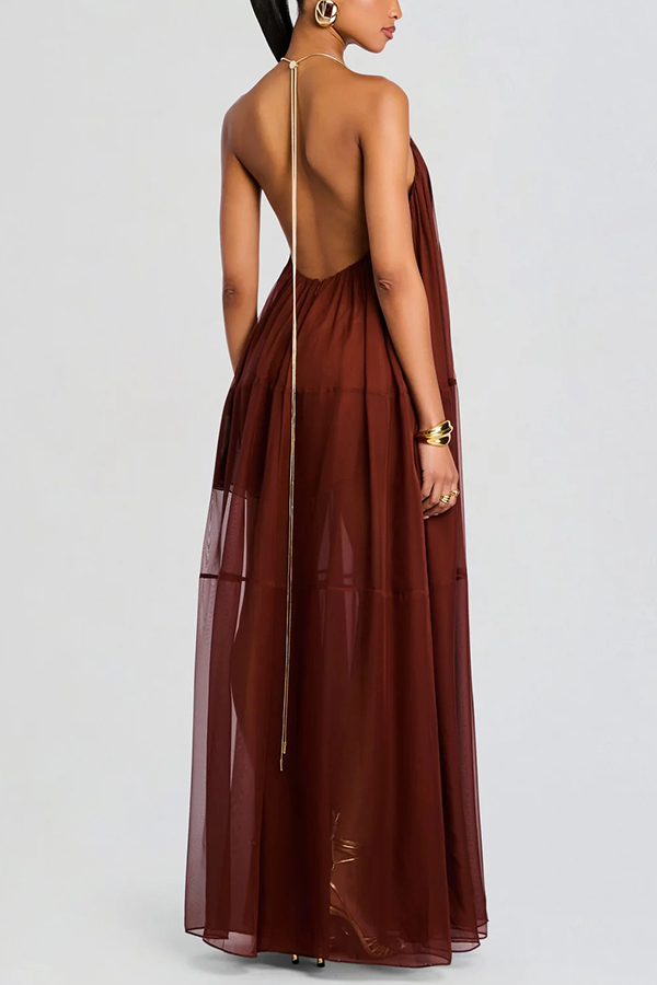 Flowing Lightweight Chiffon Chain Halter Neck Detail Backless A-line Maxi Dress-consonak