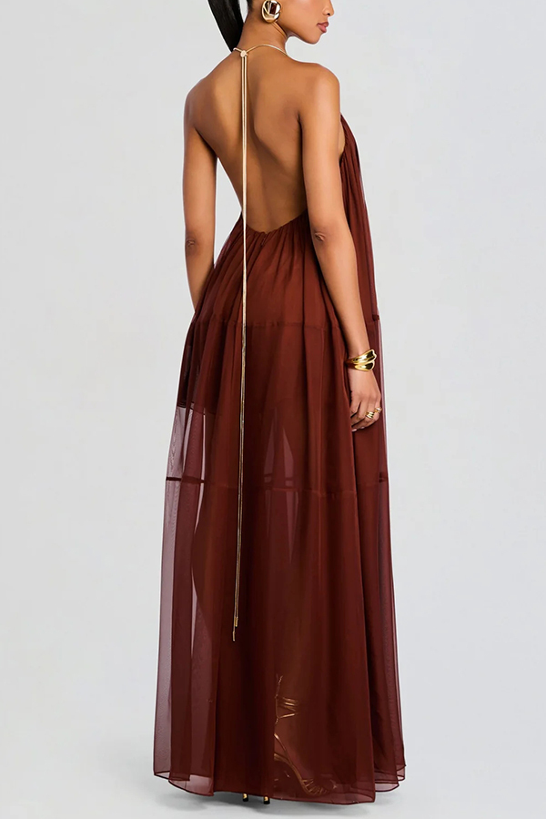 Flowing Lightweight Chiffon Chain Halter Neck Detail Backless A-line Maxi Dress-consonak