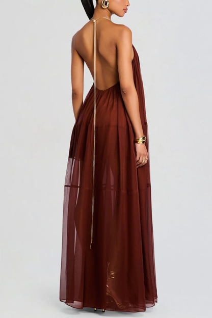 Flowing Lightweight Chiffon Chain Halter Neck Detail Backless A-line Maxi Dress-consonak