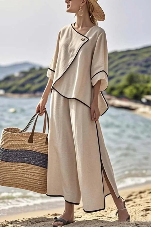 Stylish Color Trim Asymmetrical Casual Top and Elastic Waist and Wide-leg Pant Set-consonak