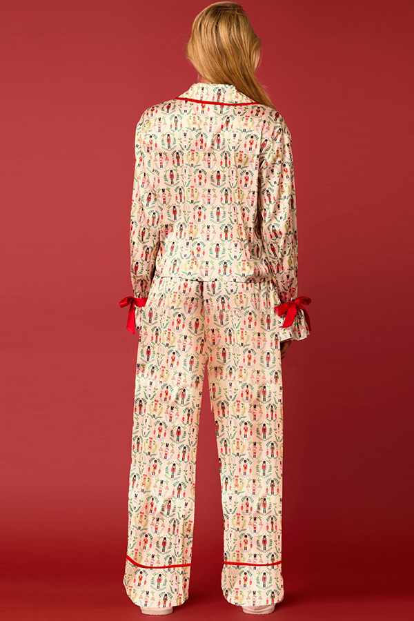 Christmas Printed Velvet Lace-up Long-sleeve Pocket Top and Elastic Waist Wide-leg Pants Set-consonak