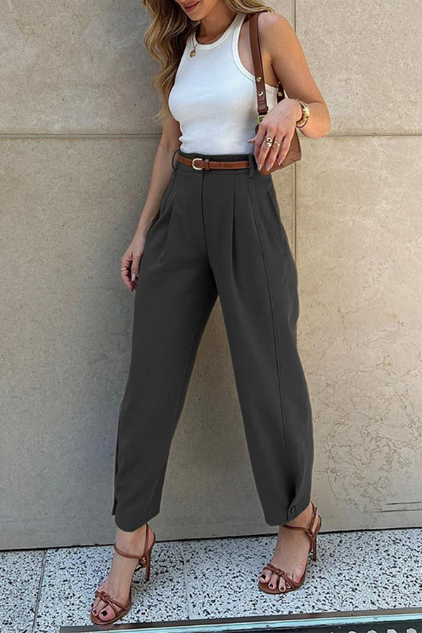 Solid Color High-waisted Belted Loose-fitting Suit Pants-consonak