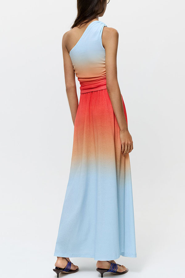 Ocean Sunset Ombré Print Starburst Brooch One Shoulder Tank and Elastic Waist Slit Maxi Skirt Set