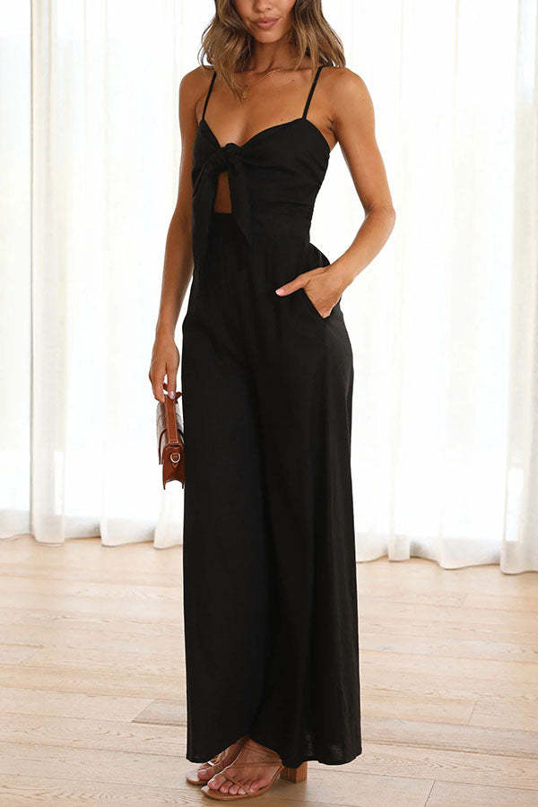 Vrinda Pocketed Adjustable Tie Smocked Back Jumpsuit-consonak