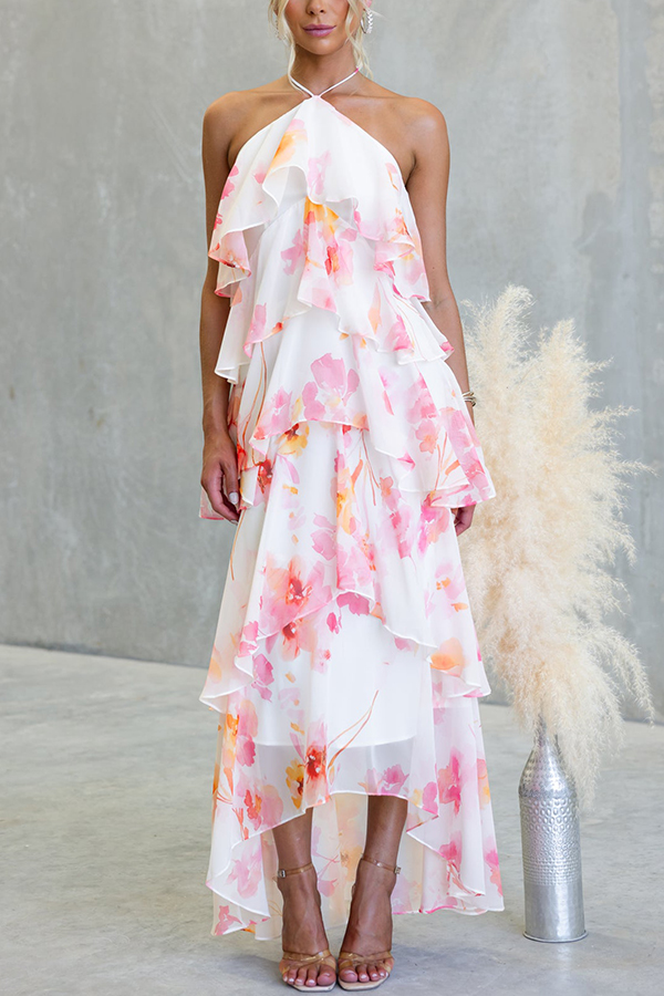 Poetic Eden Chiffon Floral Print Tiered Ruffles Halter A-line Maxi Dress | Consonak