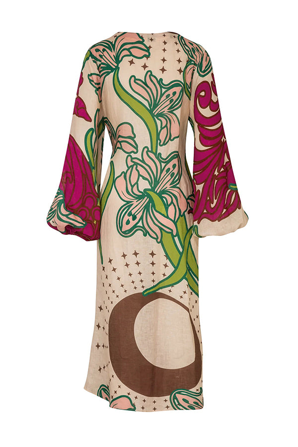 Tracey Linen Blend Unique Print Balloon Sleeve Tie-up Tunic Maxi Dress | Consonak
