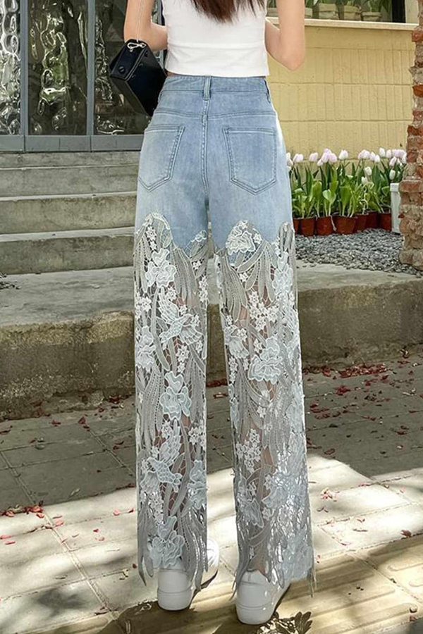 Elegant Lace Openwork Casual Pocket Straight Leg Jeans | Consonak
