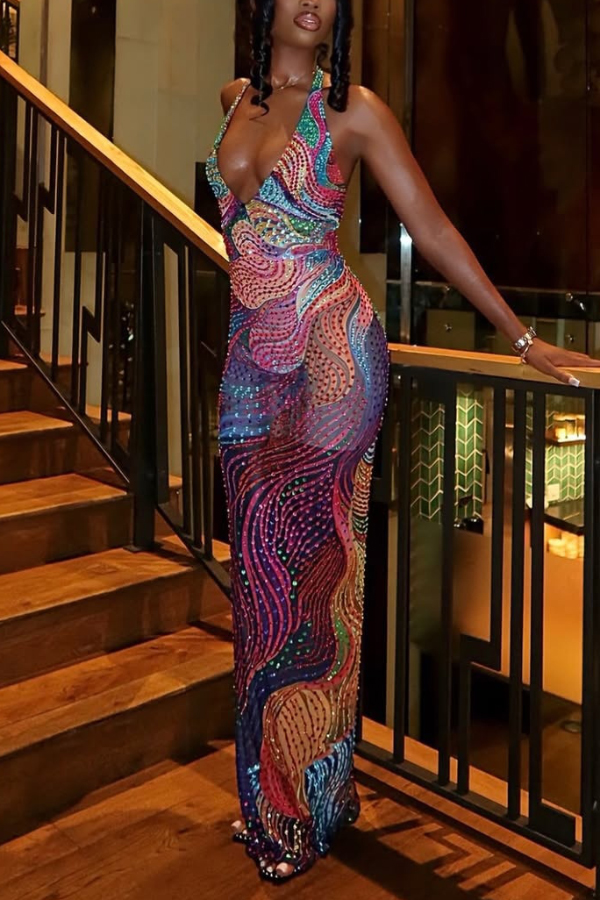 Fashionable Colorful Printed Sleeveless Halter Neck Slim-fit Maxi Dress