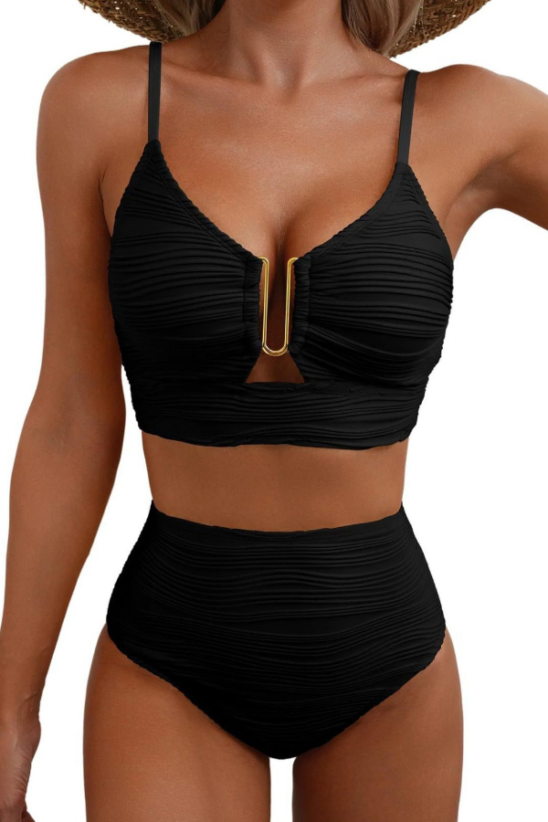 Solid Color V-neck Hollowed-out Pleated High Waist Stretch Two-Piece Bikini Swimsuit | Consonak